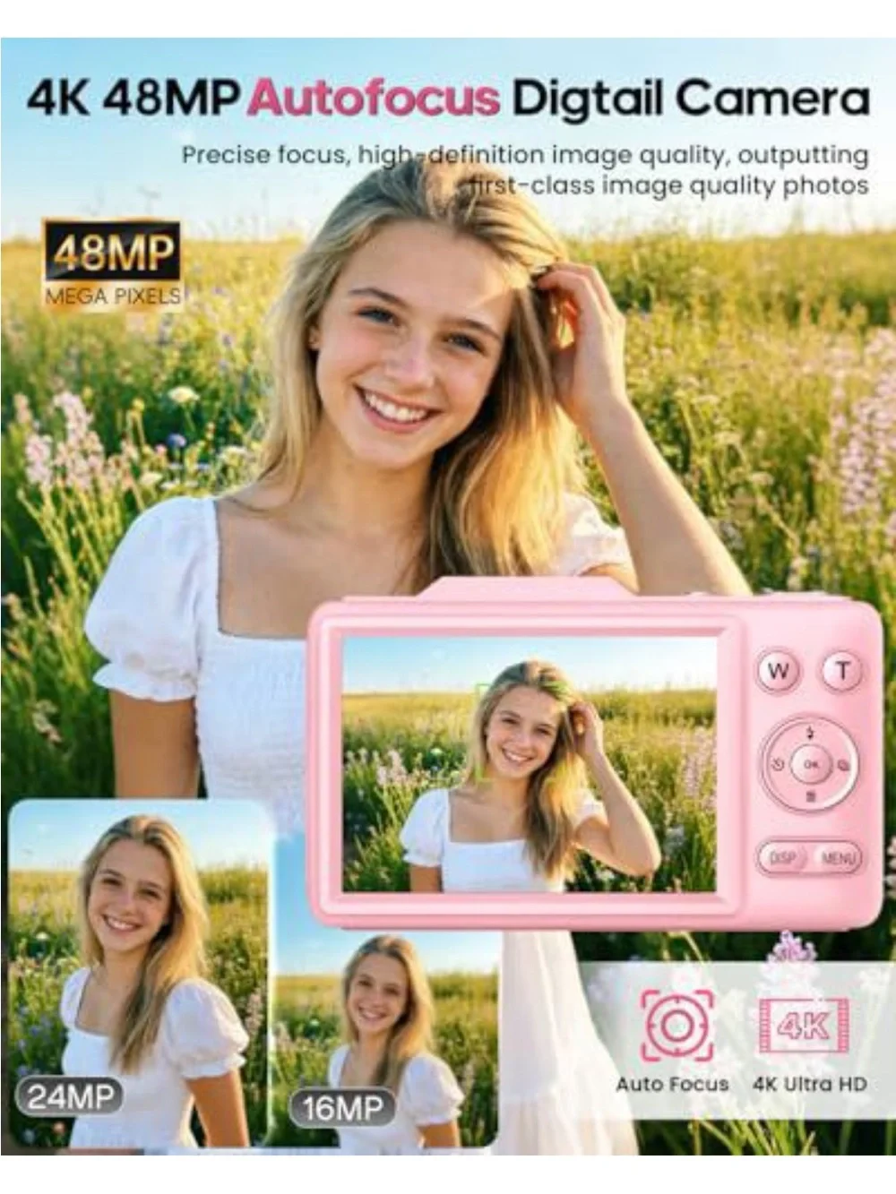 Compact 4K Pink Digital Camera with 16x Zoom